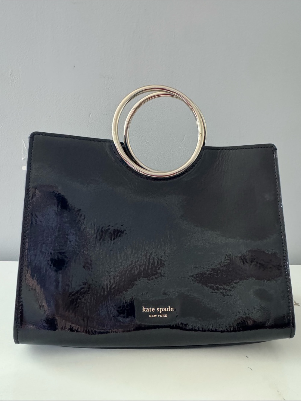 kate spade Black Patent Ring-Handle Clutch with Gold Rings